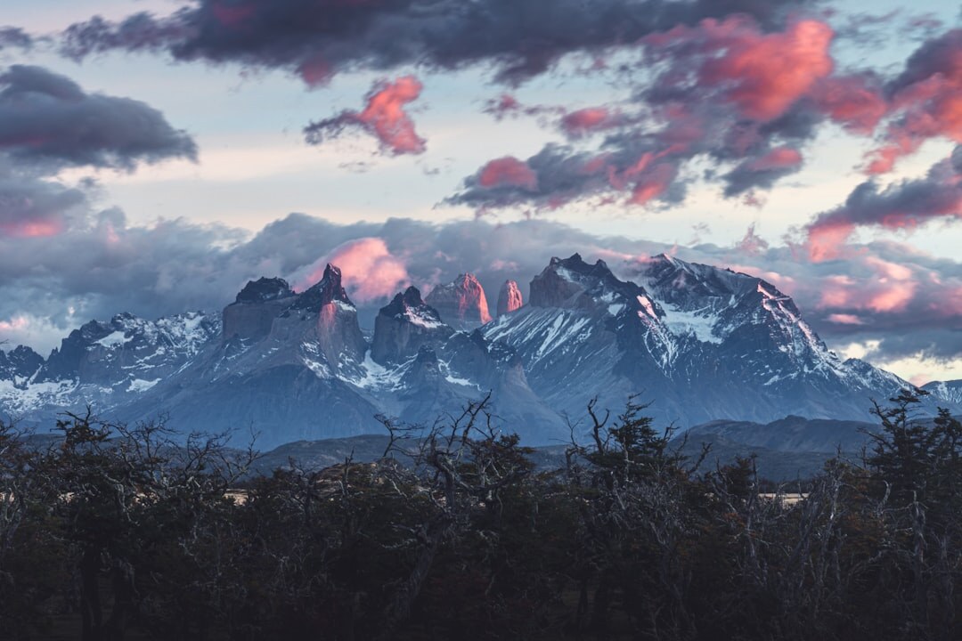 Andes mountains at dusk seen from the rural Chilean countryside